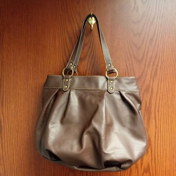 Liz & Co. Brown Faux Leather Tote Bag With Striped Fabric Lining & Multiple Comp - Picture 2 of 15